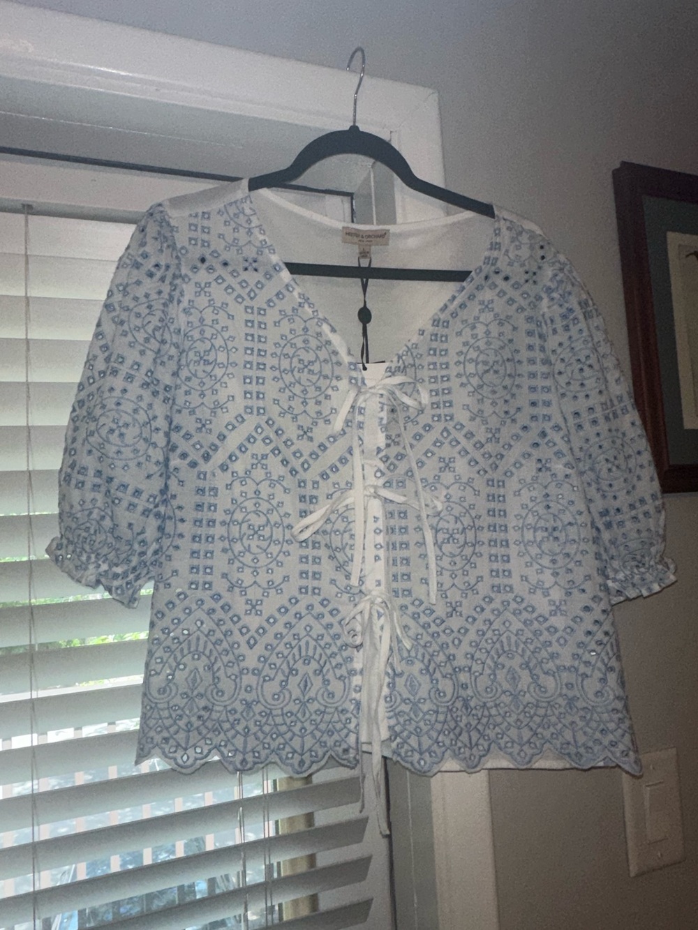 Hand-Embroidered Tie-Front Blouse in Light Blue